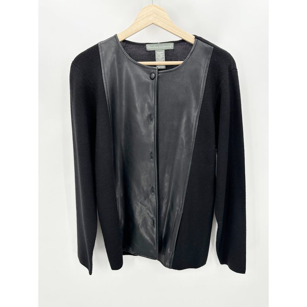 Jessica Holbrook Jacket Women MEDIUM Black Merino‎ Wool Blend Faux Leather